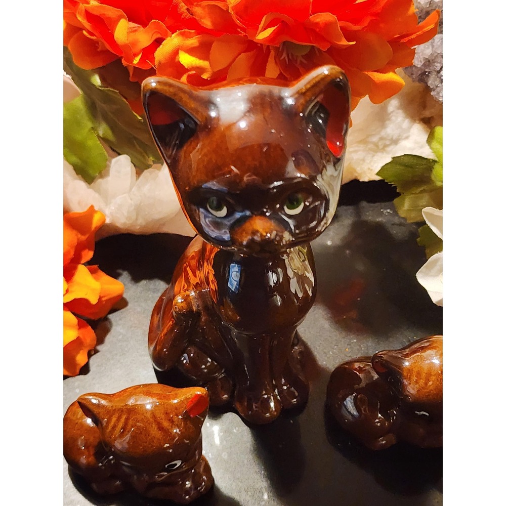Vintage Ceramic Cat Figurine Trio 1950s Japan Enterprise Exclusive Brown Glossy - Picture 2 of 5